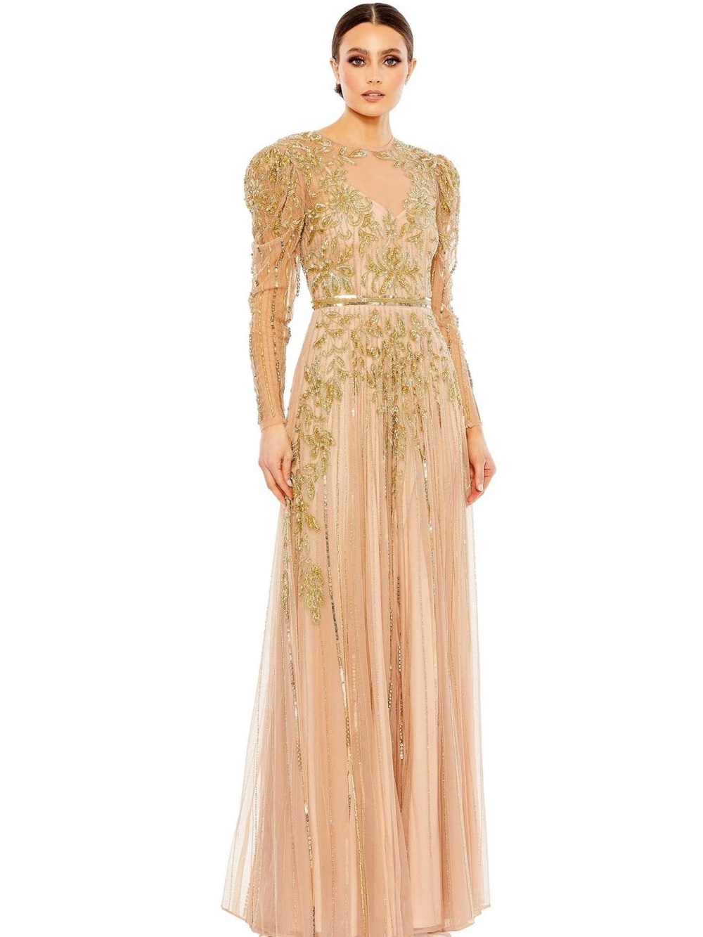 Mac Duggal $998 Gown Dress 18 Nude Gold Illusion Beaded Embellished Puff Sleeves
